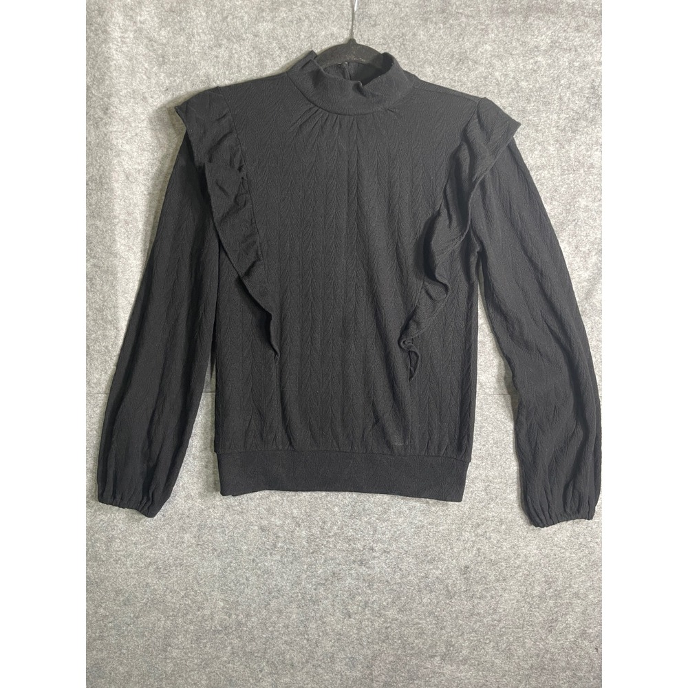 Loft Womens Black Ruffle Mock Neck Keyhole Back Long Sleeve Textured Top Small